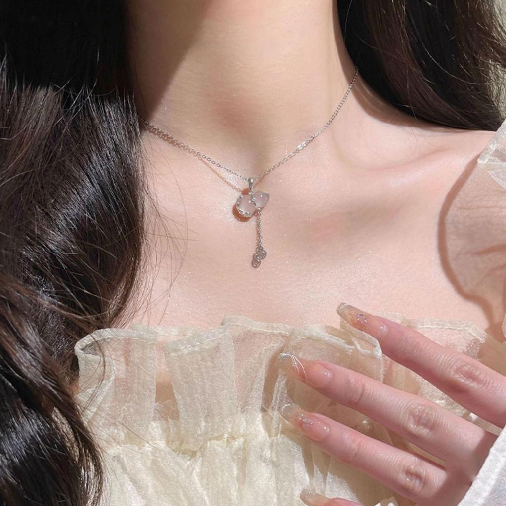 Women's S925 Sterling Silver Tassel Gourd Necklace with Chalcedony - Chinese Style Clavicle Chain