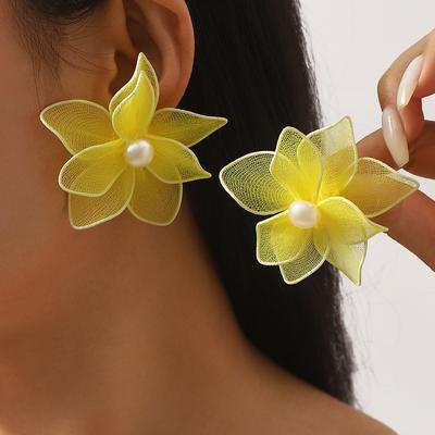 Summer Casual Vacation Sweet Double Layer Mesh 3D Flower Stud Earrings Fresh All Match Women Ear Jewelry Fashion New