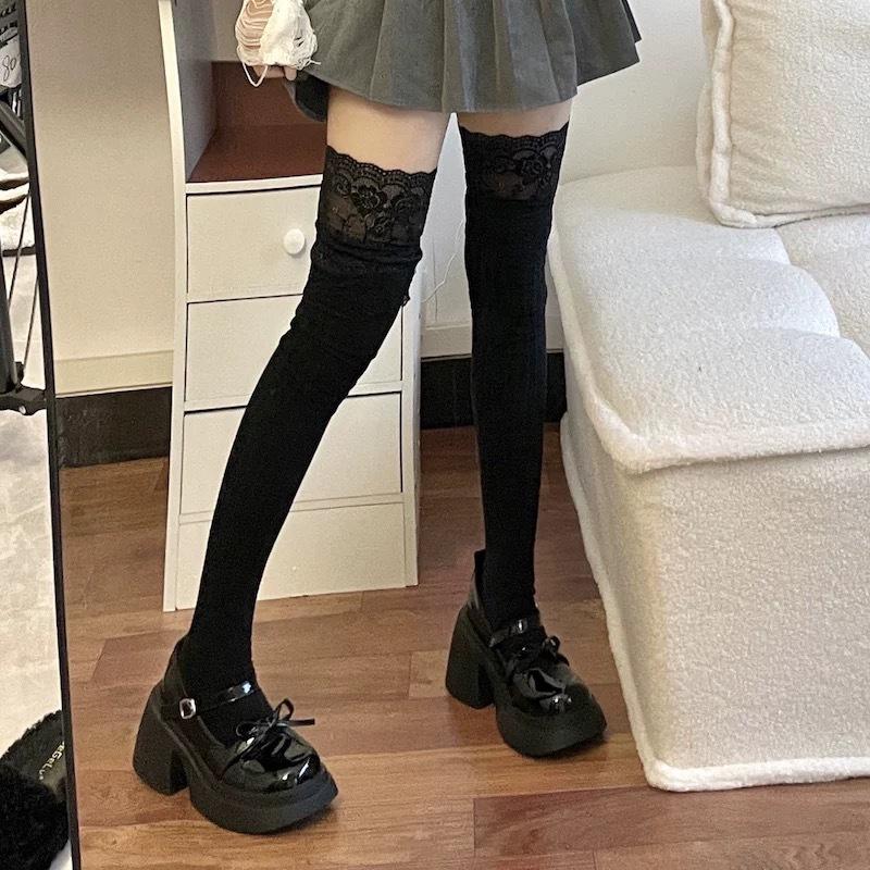 Lace Stockings Lolita Lace Patchwork Long Socks Women's Thigh-high Stocks Piles Of Socks Striped Cotton Over-the-knee Socks
