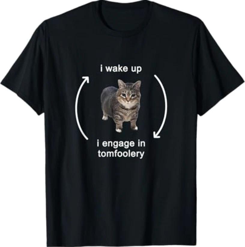 I Wake Up I Engage in Tomfoolery Silly Cat Meme T-Shirt S