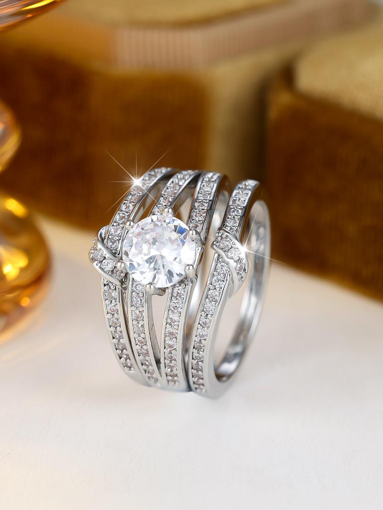 Shining Round Stone White Zircon Rings Sets for Women Vintage Silver Color Engagement Ring Wedding Jewelry Bridal Versatile Gift