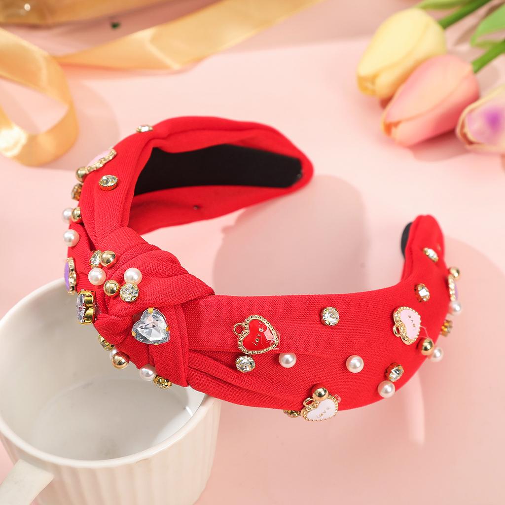 AWAYTR New Love Heart Bowknot Hairband for Women Cute Pearl Red Wide Diamond Headband Hair Hoop Hair Accessories Valentine's Day