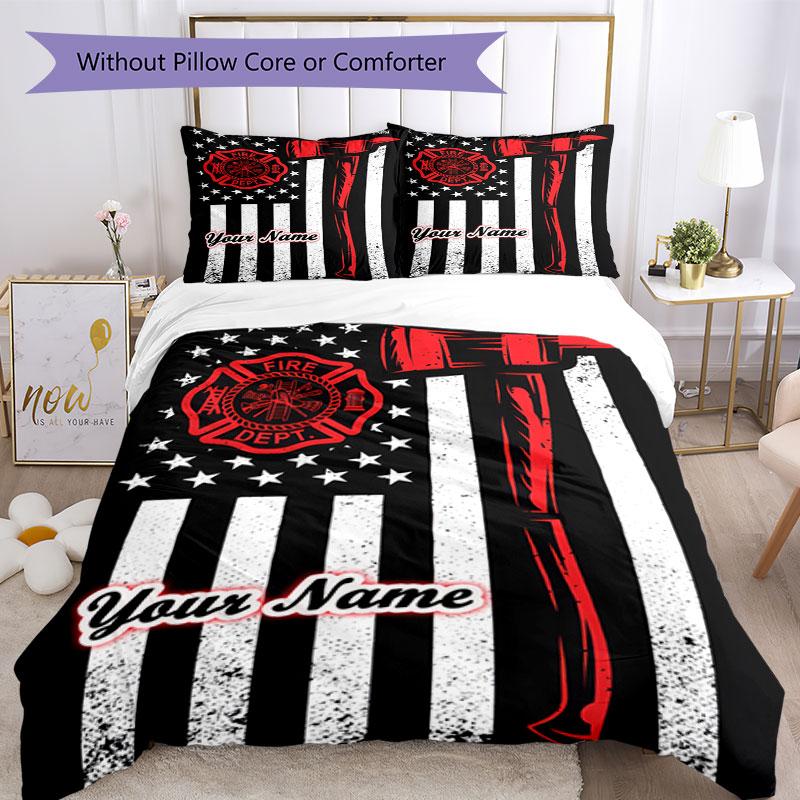 3PC Custom Name Firefighter Pride Flag Bedding Set Duvet Cover Closure Includes 1 Duvet Cover & 2 Pillowcases for Bedroom