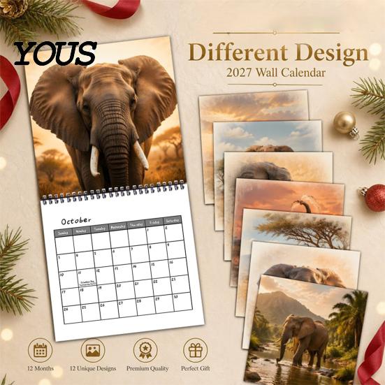 Wildlife Elephant Theme Planner Calendar 2027, 12-Month Wall with Spiral Binding, Thick Paper Monthly Schedule for Home Office, Gift Animal