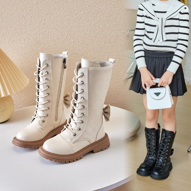 British Style Girls High Boots 2024 New Versatile Autumn and Winter Kids Soft Sole Sweet Simple Non-slip Back Bow Princess Boots