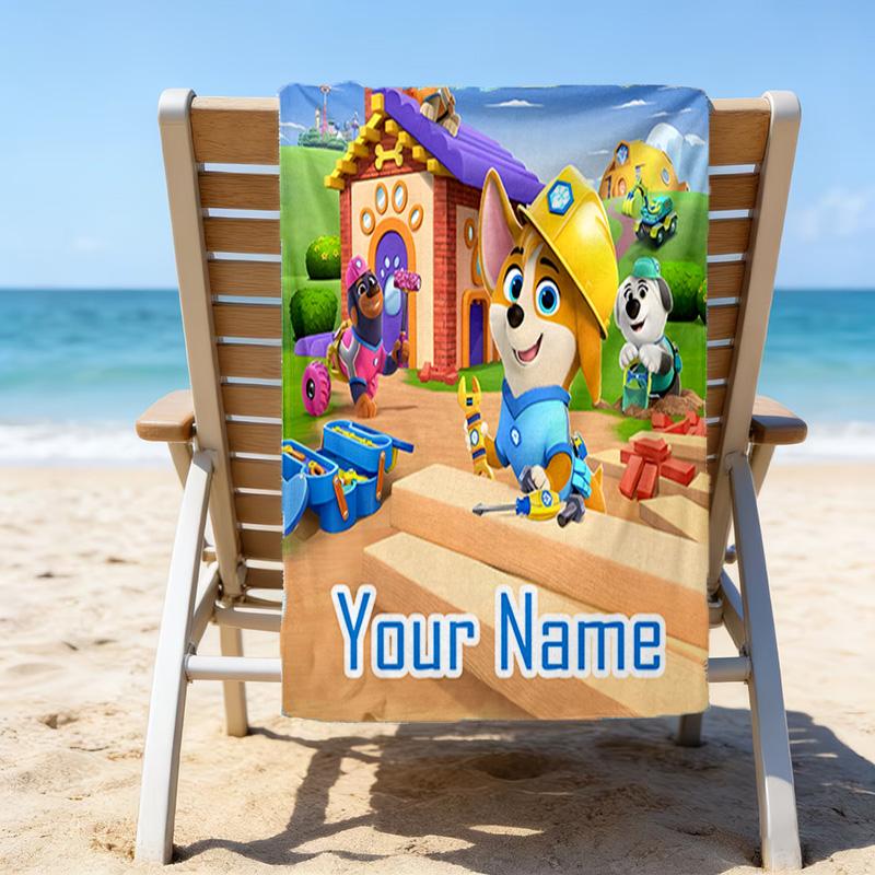 1pc Pupstruction Beach Towel with Custom Name, Beach/Swimming/Bath/Picnic/Camping Towel, Suitable for Seaside Beaches