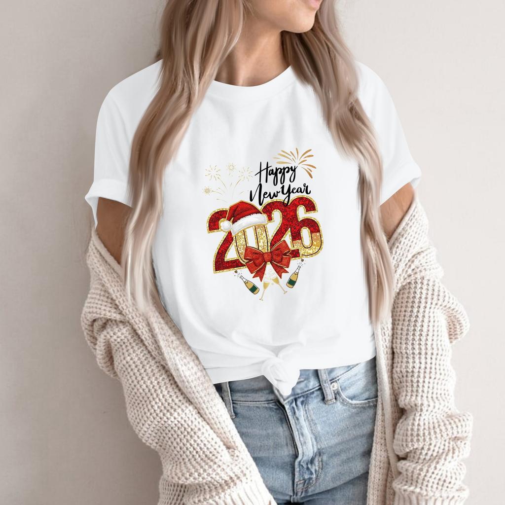 Women's Fashion 2026 New Year Printed Round Neck Short Sleeve Top