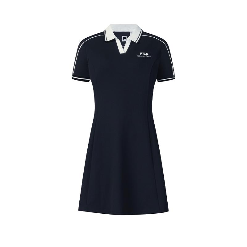 FILA Tennis Moisture-Wicking Simple Color-Block Slim Fit Short Sleeve Dress Women dresses A11W623341F-NV XL