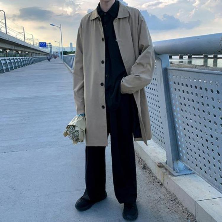 Men Double Breasted Windbreaker Coat Long Sleeve Lapel Solid Color Loose Fit Casual Mid Length Trench Coat with Pockets