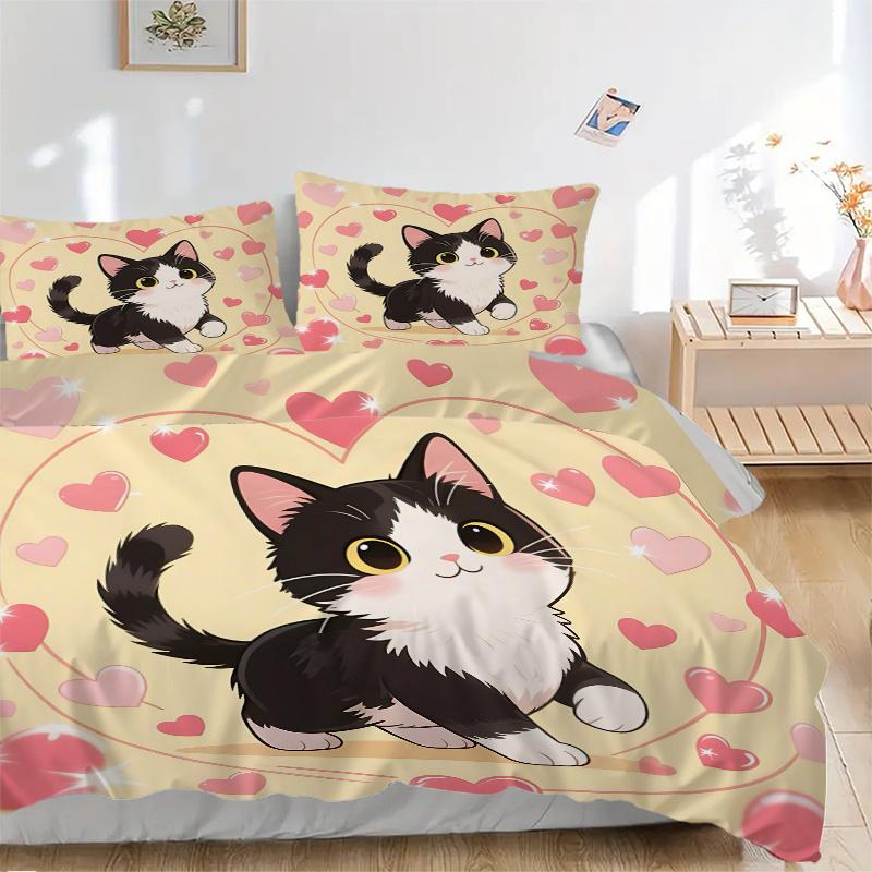 3er Set Bettbezug mit Love Cat Design Aufdruck (1 * Kissenbezug + 2 * Kissenhüllen, ohne Füllung), Geeignet für Heimschlafzimmer, Gästezimmer, Wohnheim Dekoration