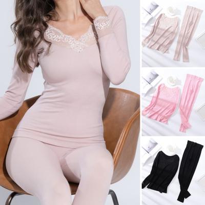 1 Set Women Thermal Underwear Suit Autumn Winter Lace V-Neck Long Sleeve Shirt Bottom Long Pants Cold Weather Warm Base Layer Top Legging