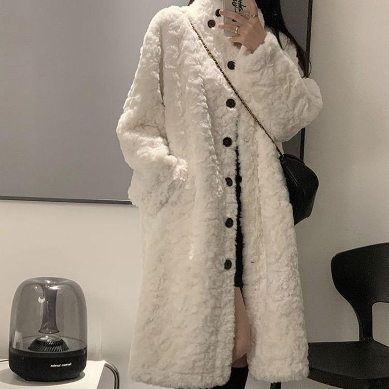 Lamb Wool Imitation Fur Jacket Women's Clothing Long Coat Over the Knee Design Imitation Rabbit Velvet Thickened Loose Stand-up Collar Hair