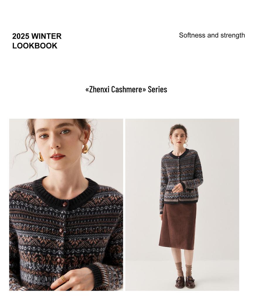 Women's Fashionable Cashmere Cardigan - Round Neck, Inlaid Pattern, Loose Fit, Warm for Autumn/Winter