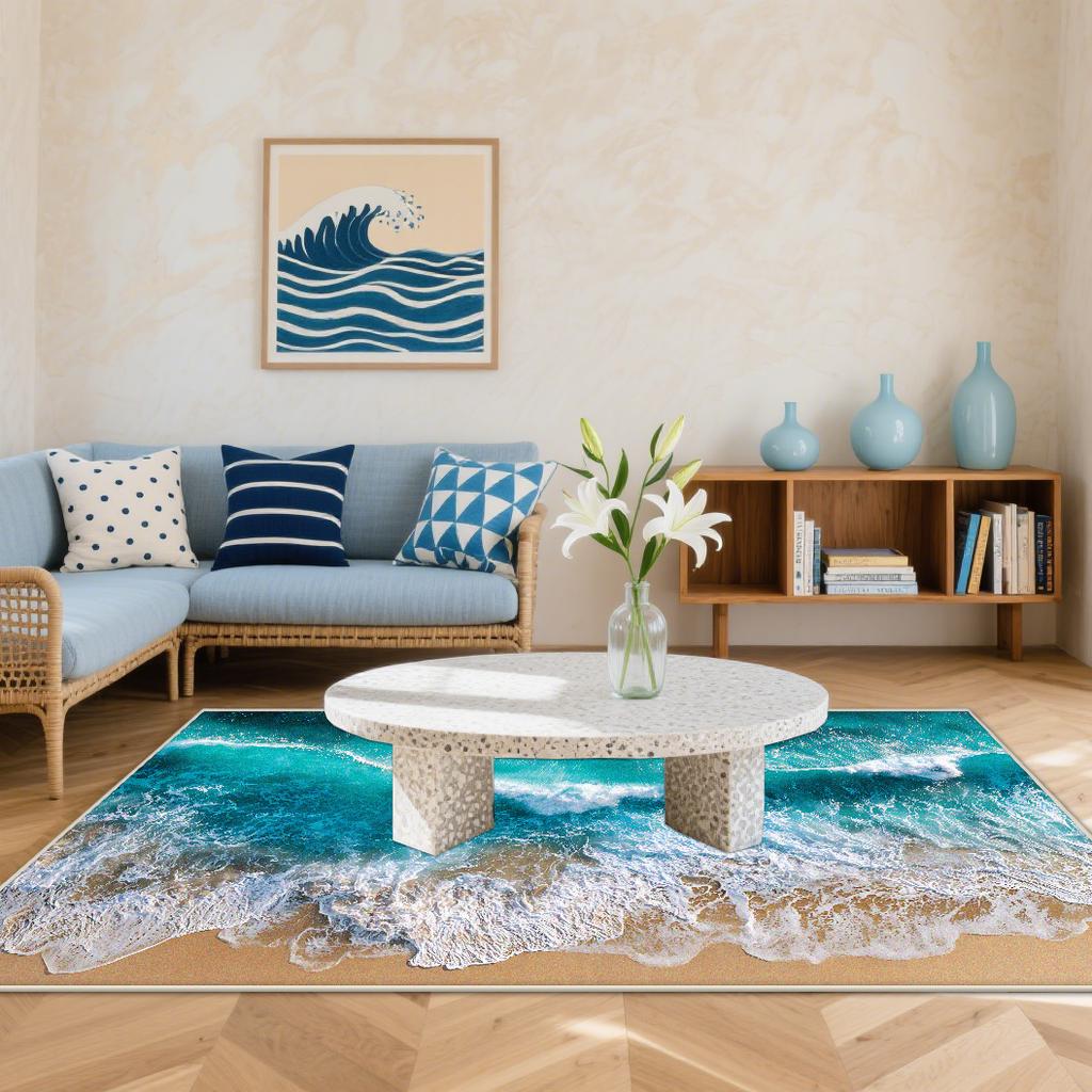 3D Küstenstrandwellen Teppiche Wohnzimmer Cartoon Dekoration Zuhause Großer Teppich Sofabereich Teppich Schlafzimmer Lounge Bodenmatte Waschbar