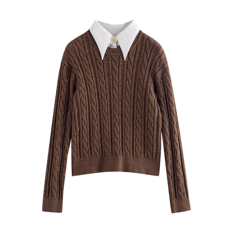 Damen Retro Zopfmuster Faux Zweiteiler Polo Pullover