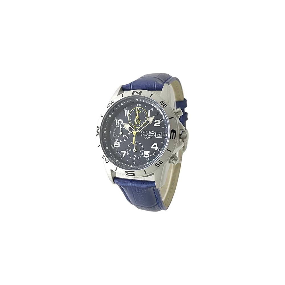 Seiko Chronograph Watch with Genuine Leather Strap Navy Blue SND379P-BL