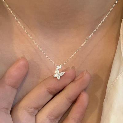Flash Diamond Double Butterfly Necklace Women's Light Luxury Niche Versatile High Sense Chinese Style Exquisite Zircon Collarbone Chain Jewelry Tide