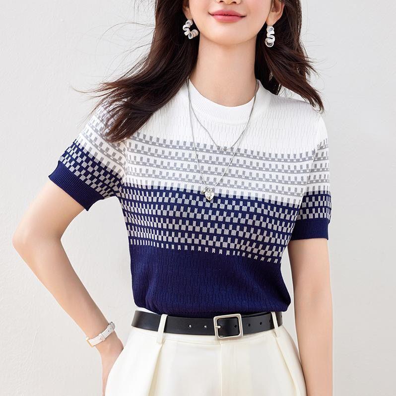 

Ice silk thin knitted short-sleeved t-shirt women s summer new summer gradual change of color slim and thin high-end top s recommends 40-47.5kg to wear тёмно-синий
