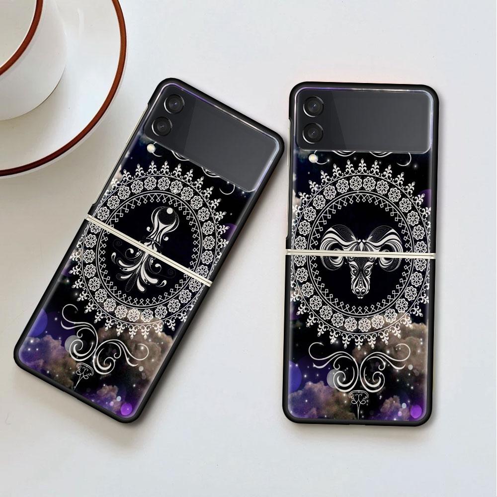 Luxury Case For Samsung Galaxy Z Flip 4 3 5G Black PC Hard Phone Cases Fashion Back Cover ZFlip Funda Mandala 12 Constellations