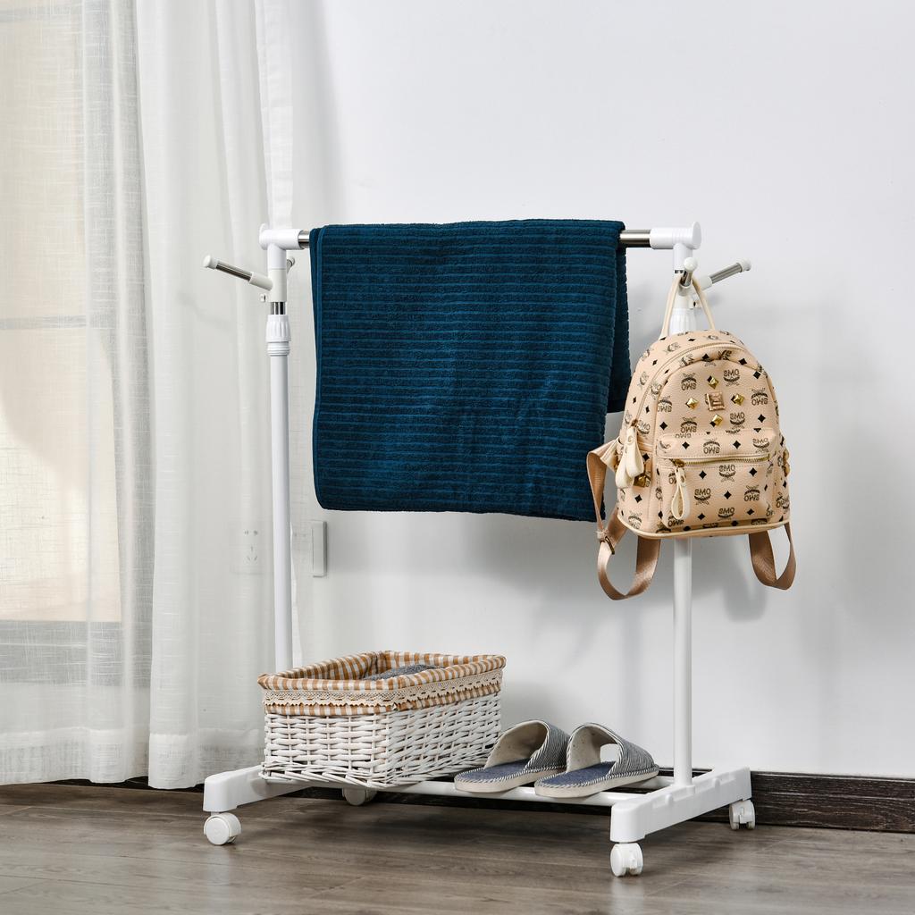 Rolling Coat Rack, Height-Adjustable, with Lower Shelf, 4 Casters, White