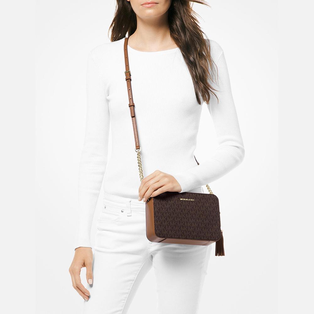 New MICHAEL KORS Jet Set Cow Leather Camera Bags Crossbody Bags Medium Size Women's Dark Brown & Acorn Brown 32F8GF5M2B-BROWN