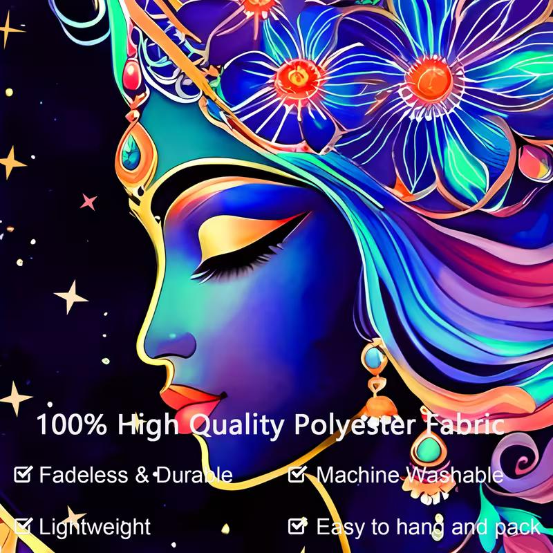 2D Vibrant Moon Goddess Tapestry, Floral Starry Night Wall Tapestry, Bohemian Aesthetic Home Decor