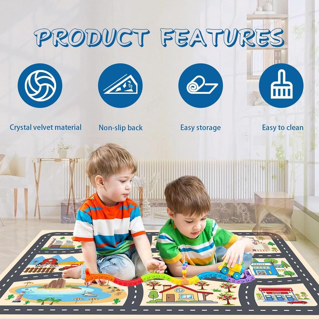 Educational Kids Car Play Rug for Playroom and Classroom, Non-Slip City Life Carpet for Toy Cars, Ideal Gift for Boys and Girls