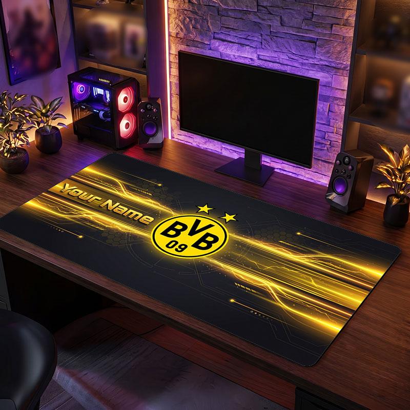Tappetino per Mouse Grande Personalizzato Borussia Dortmund, Stampa Testo Nome Personalizzato, Tappetino da Scrivania Antiscivolo con Logo Calcio, Regalo per Gamer