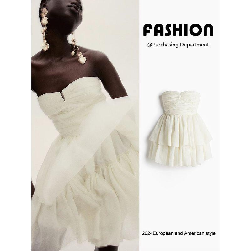 Za2025 Summer New Product Women's Clothes off-the-Shoulder Laminated Decoration Flared Skirt Tube Top Dress 1281448