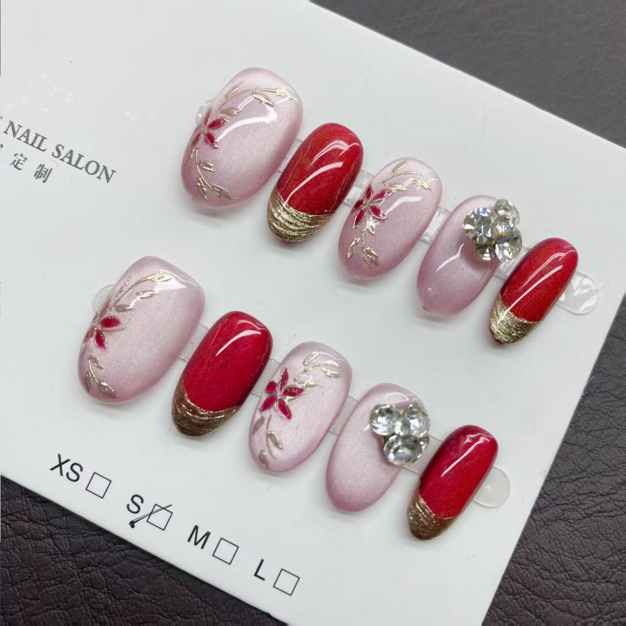 Handmade Press-On Nails: High-End New Year Chinese Style with Skin-Whitening Effect and Short Design Medium
