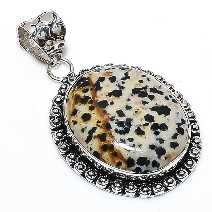 Dalmation Jasper Gemstone 925 Sterling Silver Jewelry Pendant 1.89" SU-10686
