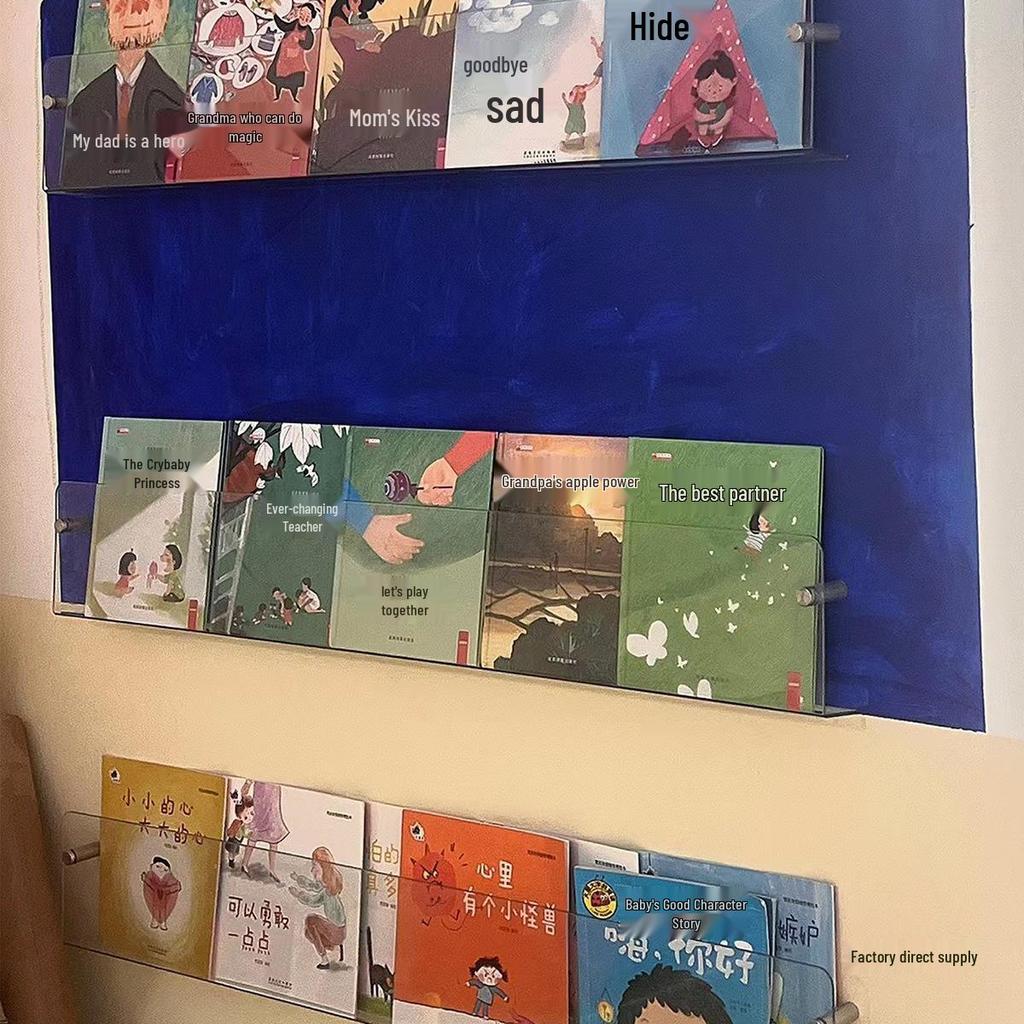 Acrylic Wall-Mounted Transparent Bookshelf for Children's Books and Magazines, Punch-Free Display Rack.