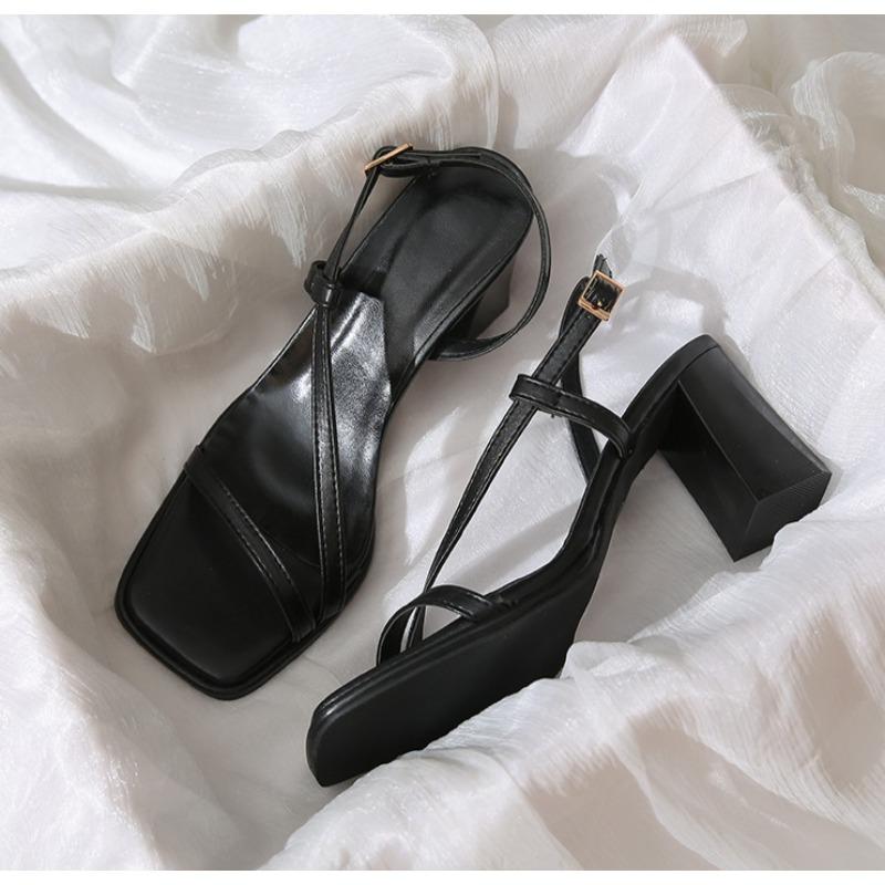 

Women Sandals Ladies Square Heels Elegant Summer Slippers Outside Cross Tied Leather Female Slides 2025 Woman Sandals 43 чёрный