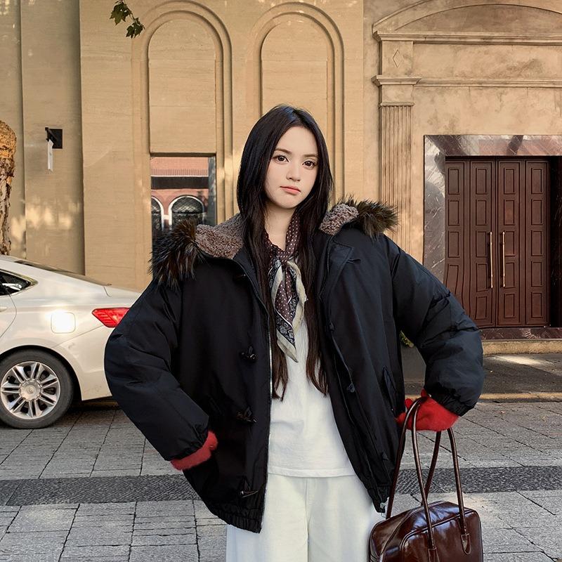 Big Fur Collar Hooded Cotton Jacket Women's Short New Winter Small Thickened Tooling Pie Overcome