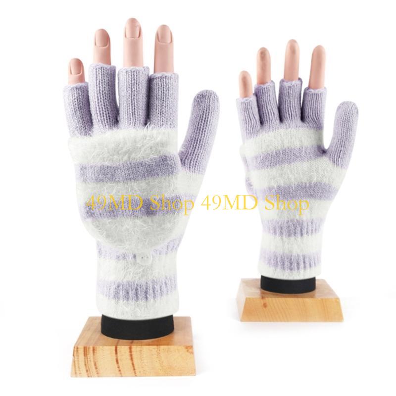 49MD Knitted Fingerless Gloves Winter Striped Gloves Cartoon Mitten with Top