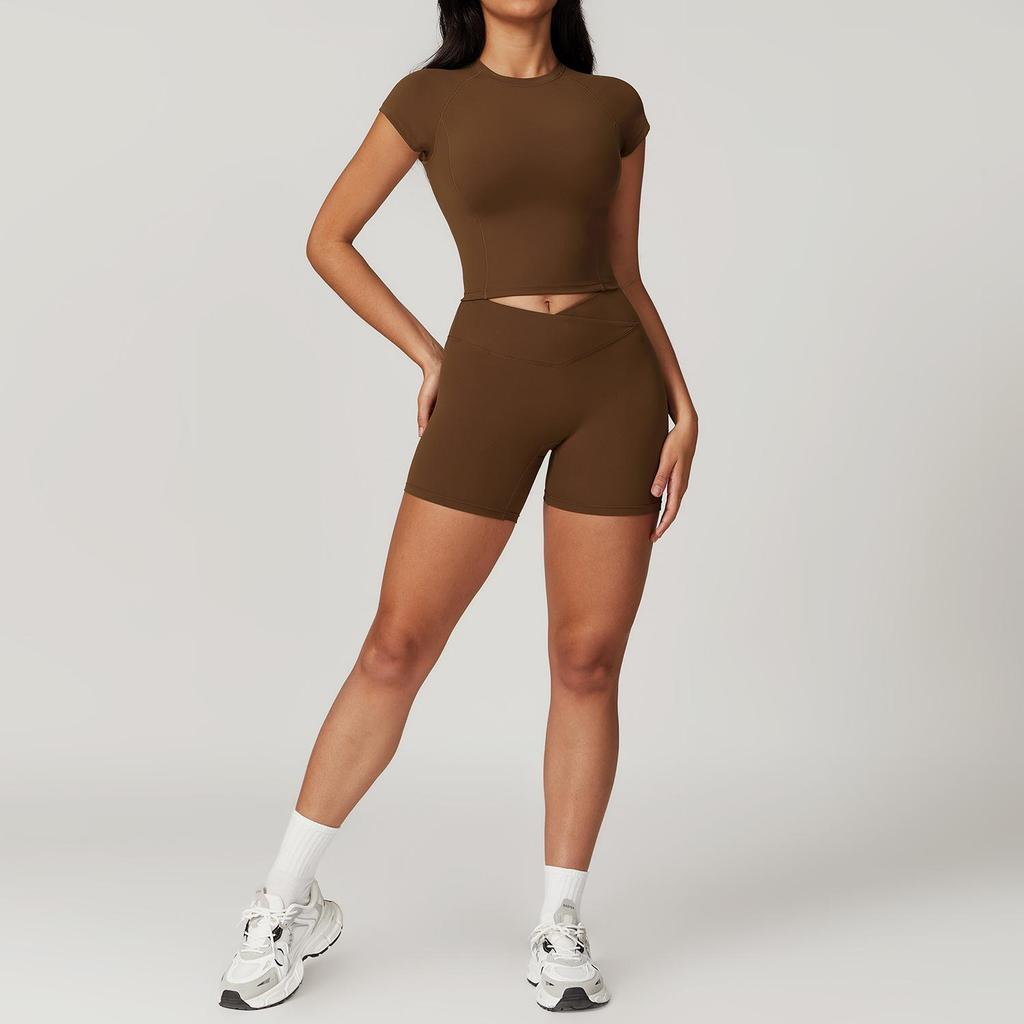 Umweltfreundliches, recyceltes, schnell trocknendes Yoga- und Lauf-Outfit - Damen-Fitnessanzug mit kurzen Ärmeln und stilvollem Rückendesign (Modell 8799)