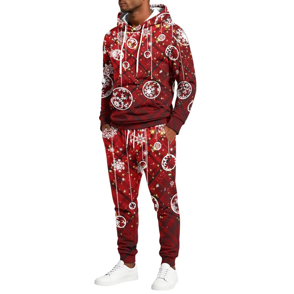 Men's Casual Christmas Print Hoodie and Straight-Leg Sweatpants Two-Piece Set for Holiday Celebration