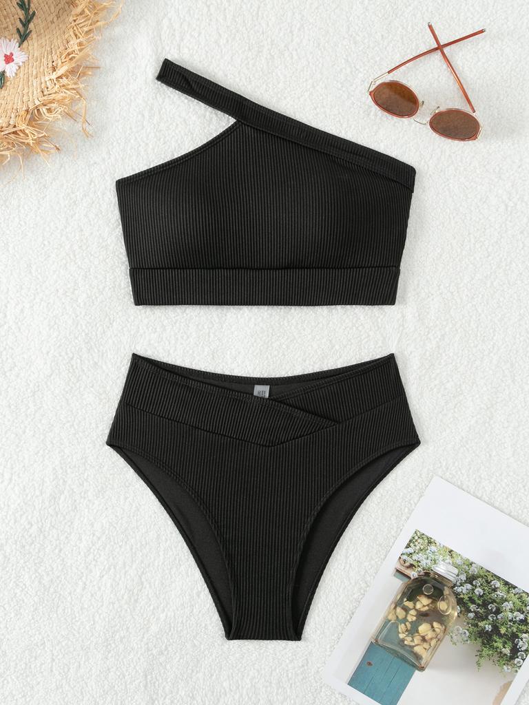 2026 New Style Solid Ribbed One Shoulder High Waist Sexy Bikini Swimsuit Stylish Comfortable For Summer Beach Holiday