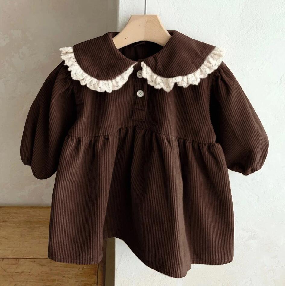 Korean Style Corduroy Girls' Lace Lapel Dress - Spring/Autumn Long Sleeve Princess Dress