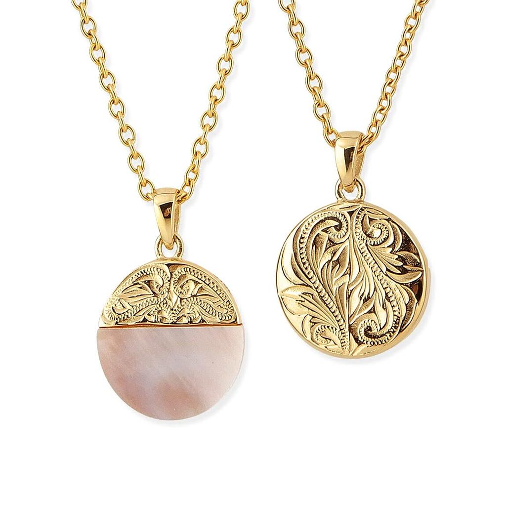 Hawaiian Jewelry Necklace, Coin-Shaped Pink Shell, Reversible, Stainless Steel Scroll Design, Yellow Gold Shell Pendant, with 50cm Cable Chain