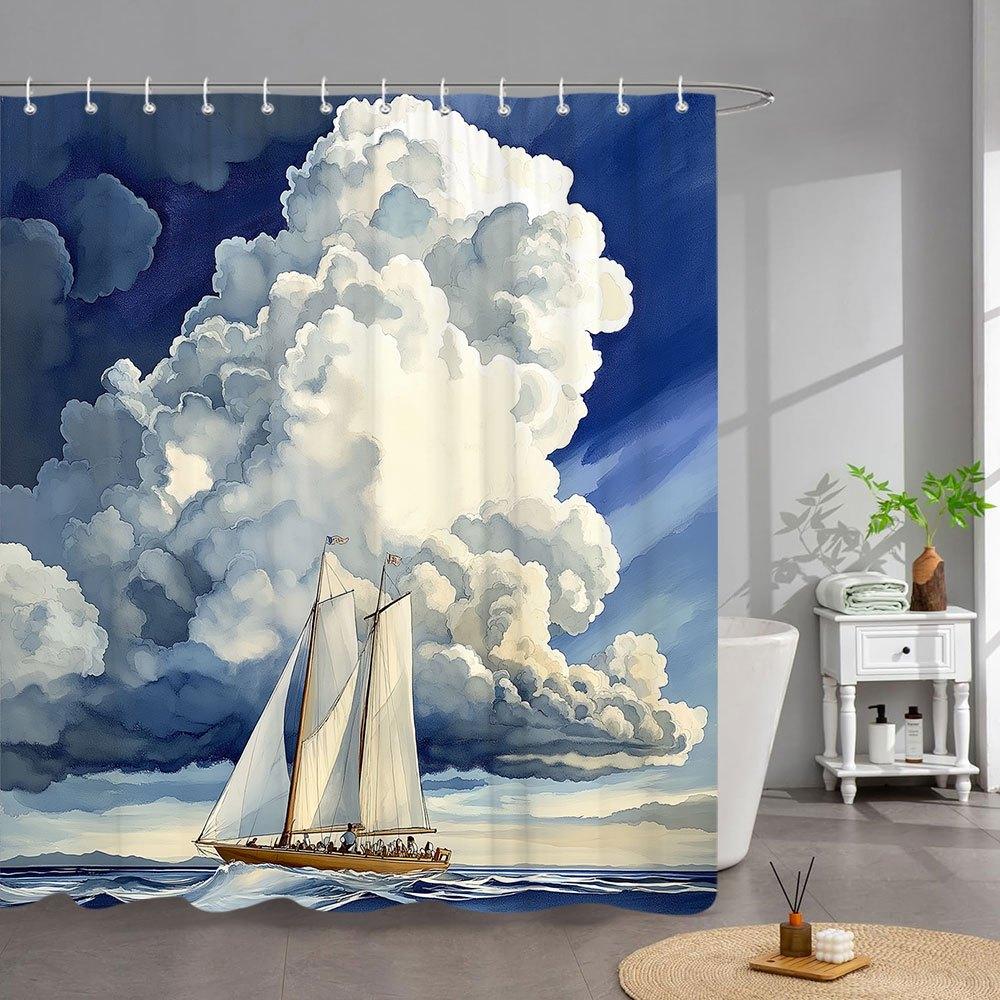 

1Pc Nautical Sailboat Ocean Shower Curtain - Realistic Seascape Art With Dramatic Cloudy Sky & Waves, Machine-Washable Polyester W60H190(CM)-1 Pcs