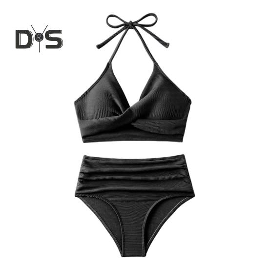 2dílná sada letních bikin, podprsenka s vyztužením a skládaným detailem, sada plavek s vysokým pasem, jednobarevné plavky
