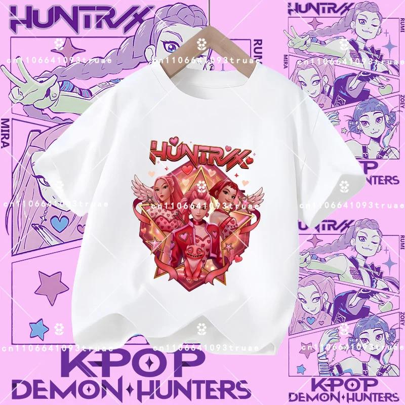 Summer T-shirt casual top with cartoon print, children's pure Polyester short-sleeved K-pop Demon Hunter girl cute sports shirt