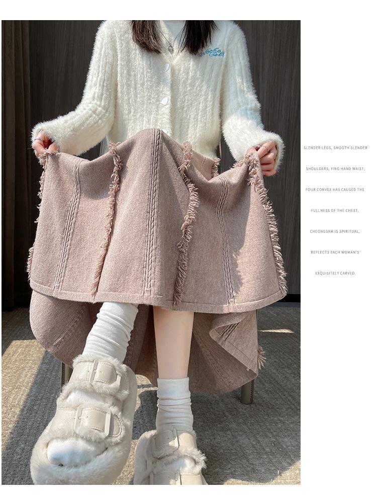 Women's Autumn-Winter White Wool Midi Skirt: High Waist, A-Line with Tassel Detail