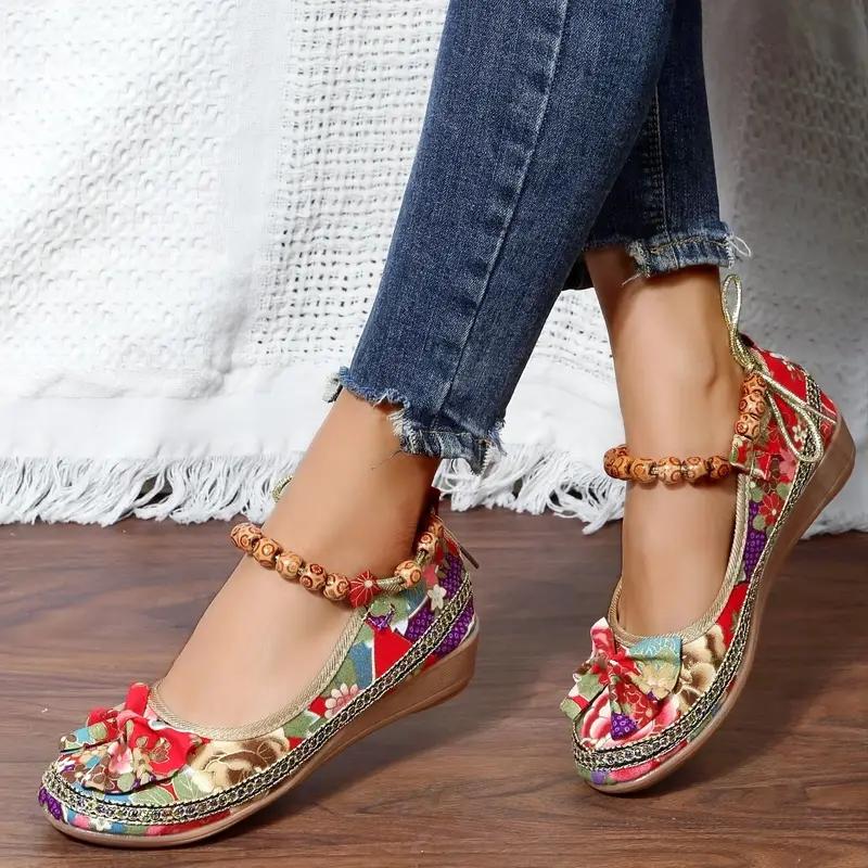 Sapatos baixos com estampa floral feminina, estilo tribal, calçados sem cadarço, calçados casuais para caminhada
