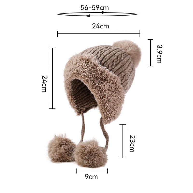Winter Thick Ear Protection Knitted Cap Outdoor Windproof Velvet Three-Hair Ball Tether Warm Cap