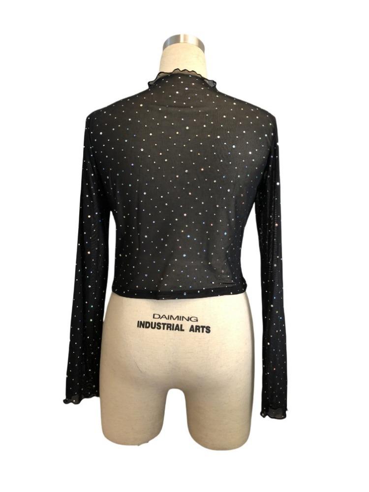 Spring and Summer Women's Small Standing Collar Long-sleeved Mesh Transparent Sequins Decorated T-shirt Tops for Women Versatile Fashion Shirt