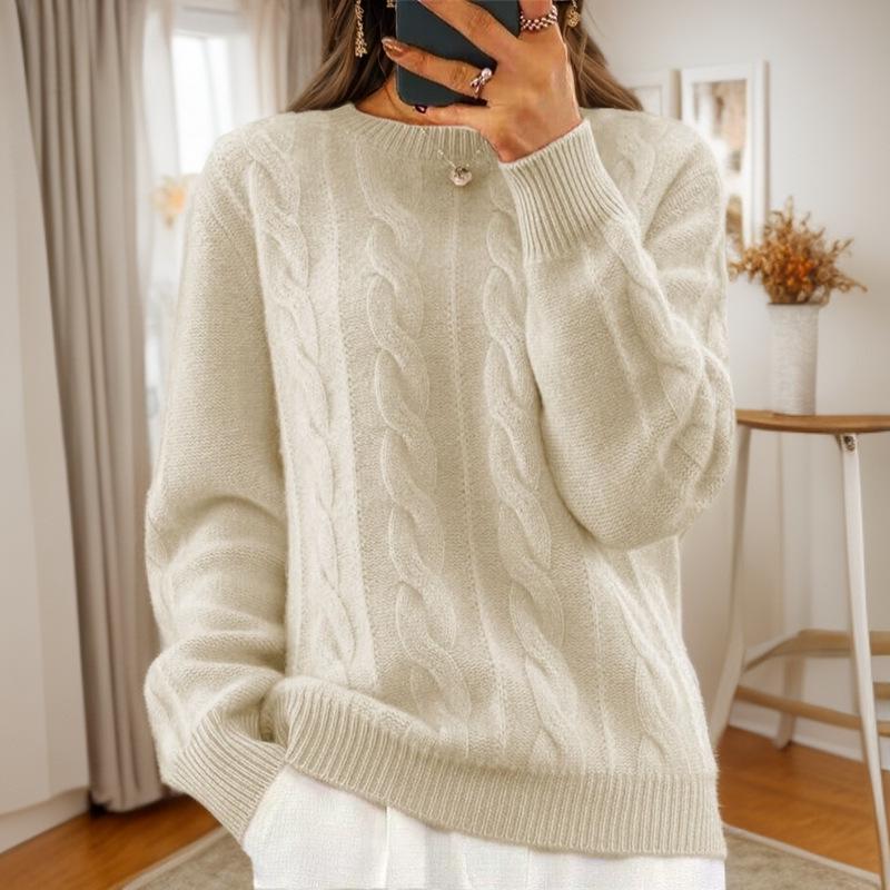 2024 Women's Autumn/Winter Casual Cable Knit Sweater - Solid Color Round Neck Pullover