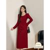 Blue Language Plus-Size Elegant and Sophisticated Square-Neck Red Engagement Dress, New Spring Style, Pleated Slimming A-Line Dress
