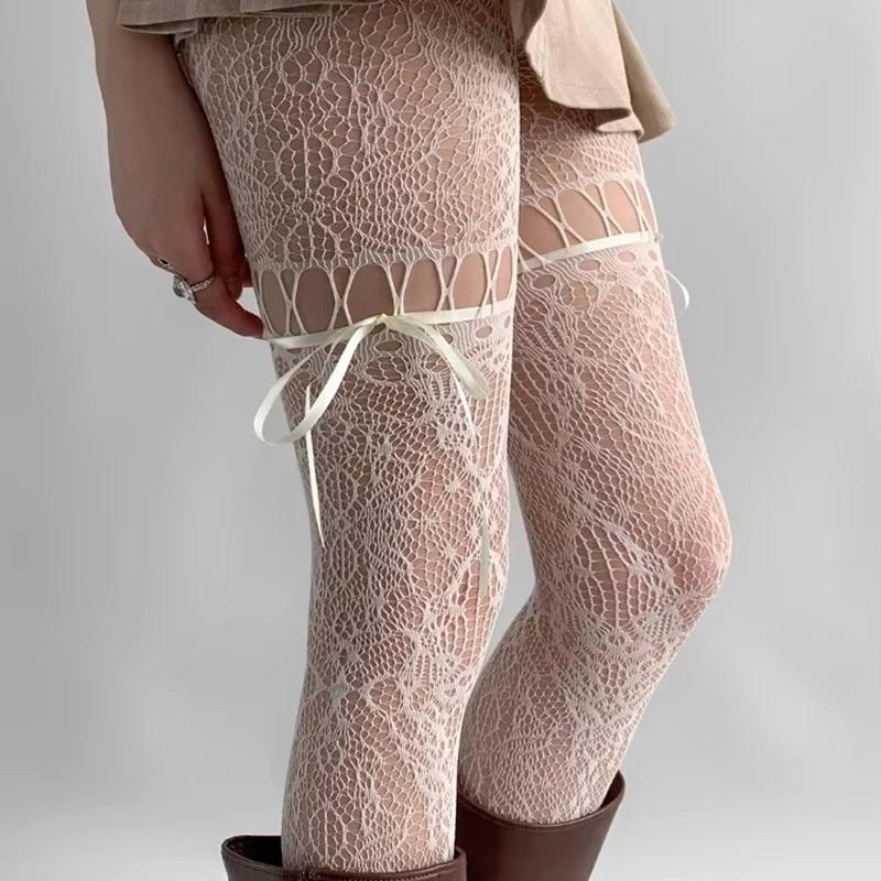 New Design Beige Tights Women Sexy See Through Mesh Sheer Fishnet Stockings Jk Uniform Bow Tie Strap Lace Bottoming Pantyhose